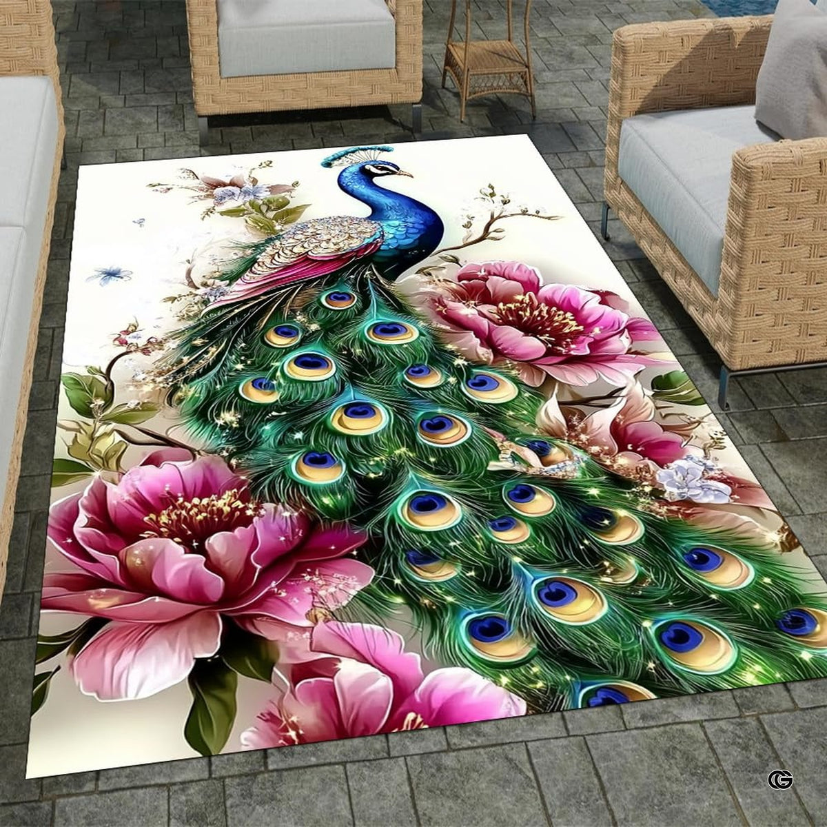 Dining room floor layout accented by regal blue peacock and peony decorative area rug.