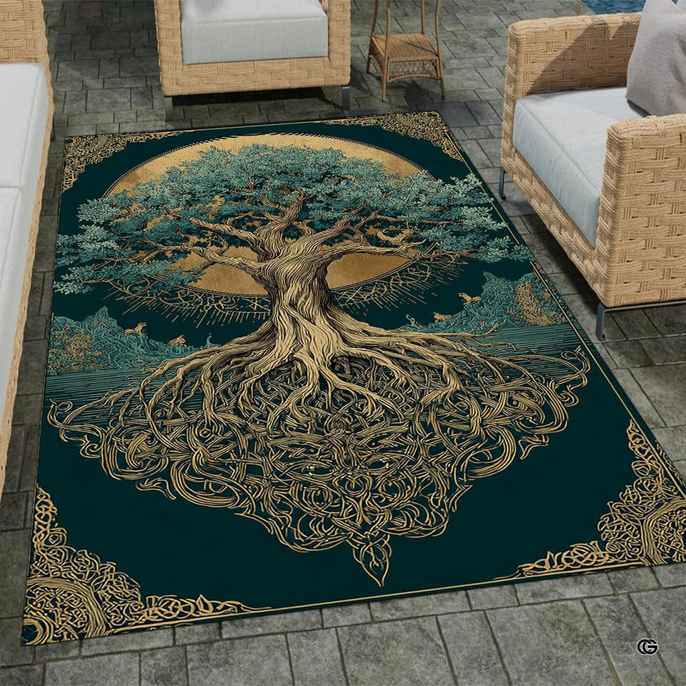 Tree of Life Celtic area rug displaying intricate moon backdrop and sprawling root artwork.