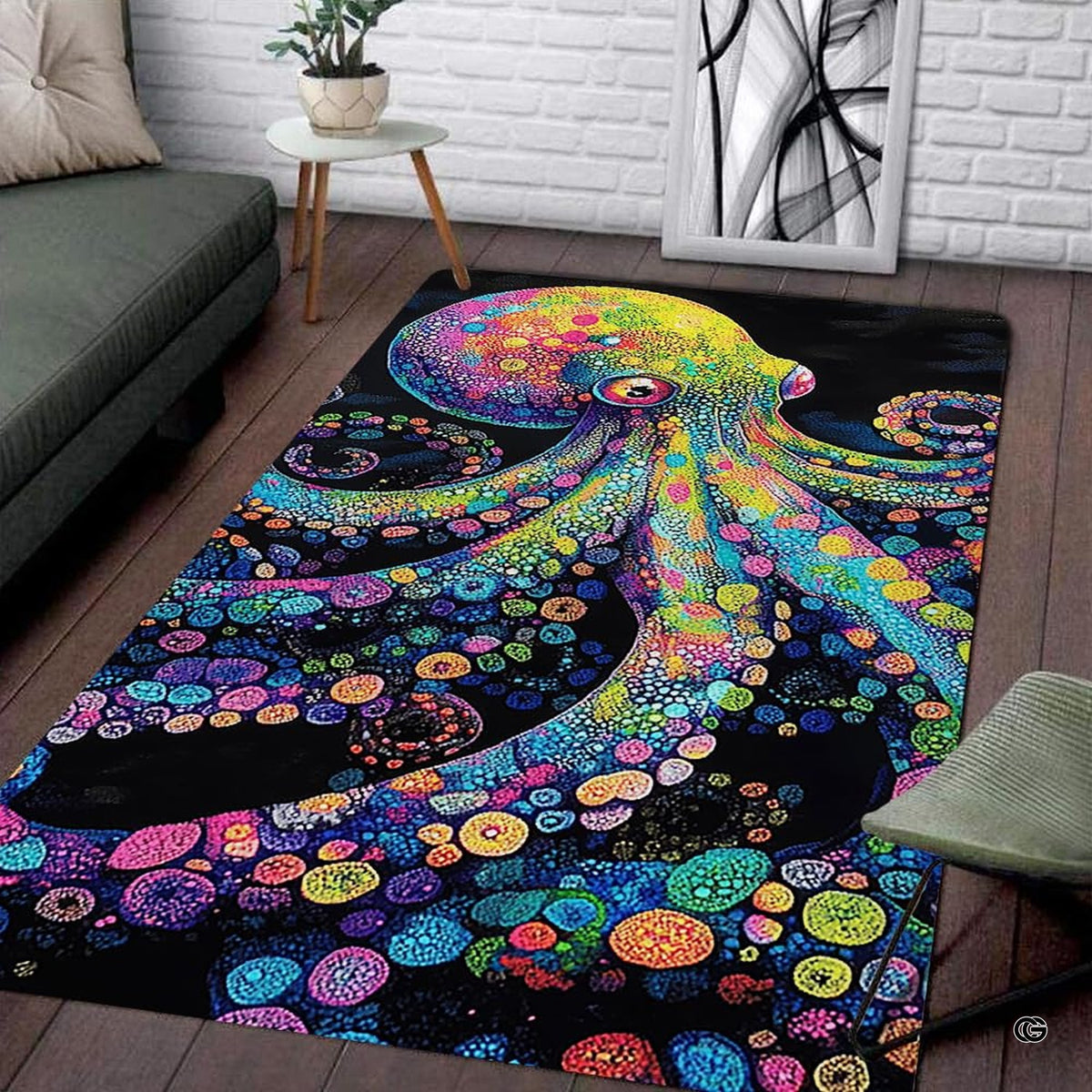 Psychedelic octopus area rug displaying neon pointillism tentacles on a deep black background. - image 1 of 7