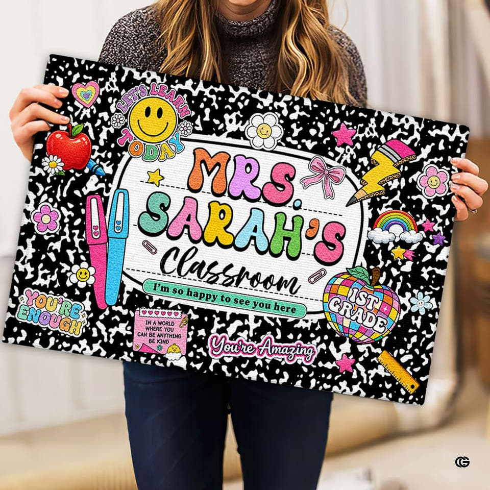 Personalized Teacher Welcome Door Mat with Name, Composition Notebook Style, Perfect Classroom Decor & Back to School Gift for Teachers (Composition Book)