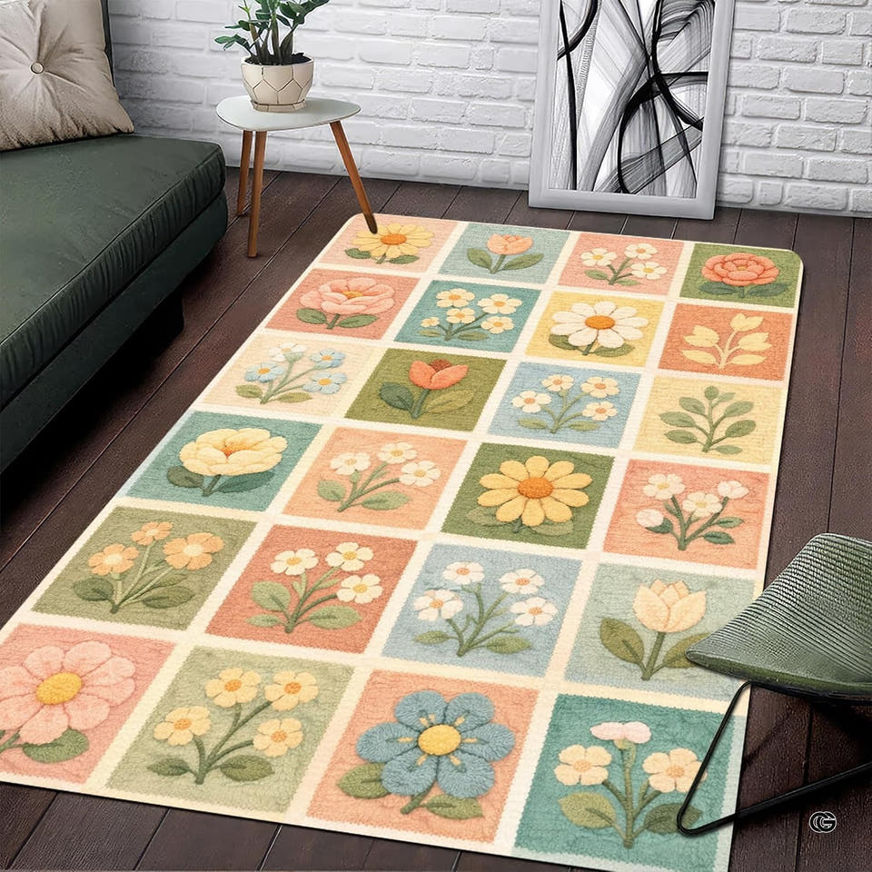 Floral grid rug featuring pastel botanical square tiles in a modern living space.