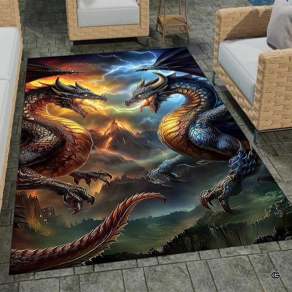 Two dragons rug with red and blue dragons above a volcano
