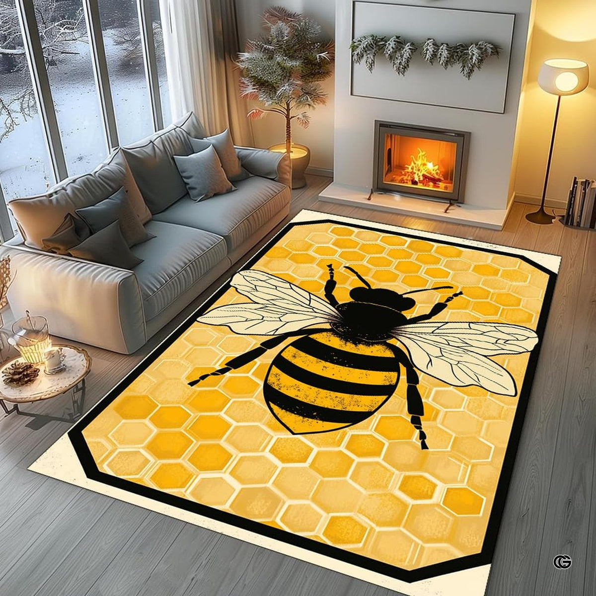 Styling presentation of honey bee rug in a brightly lit entryway with neutral decor accents. - image 6 of 8