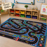 Overview of thematic accent thematic accent circuit kids play rug area rug with asphalt roads and pit stops