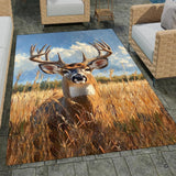 Oil painting trophy buck living room area rug with tall golden meadow grass