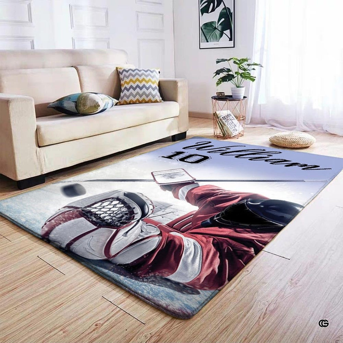 Sports themed floor decor displaying jersey inspired graphics and dynamic ice hockey arena lighting. - image 4 of 7