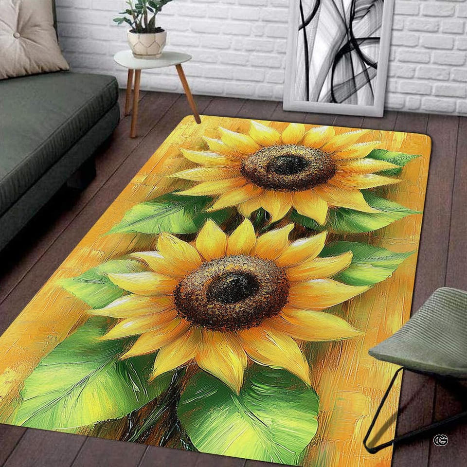 Oil painting twin sunflowers living room area rug with textured golden petals