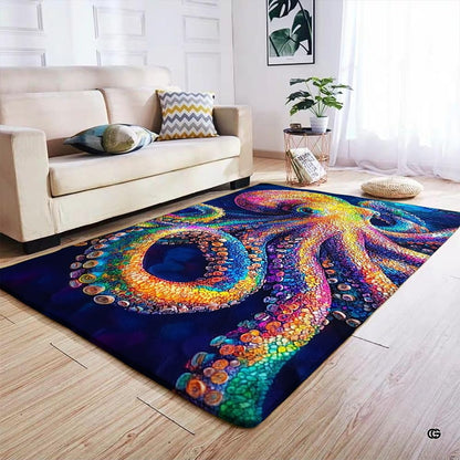 Modern living room floor styling featuring bold colorful sea creatures mosaic artwork. - thumbnail image 4 of 7