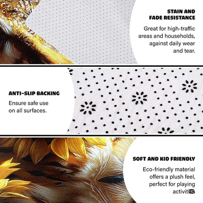 Overhead perspective of the amber-toned owl and sunflower floor art rug. - thumbnail image 6 of 8