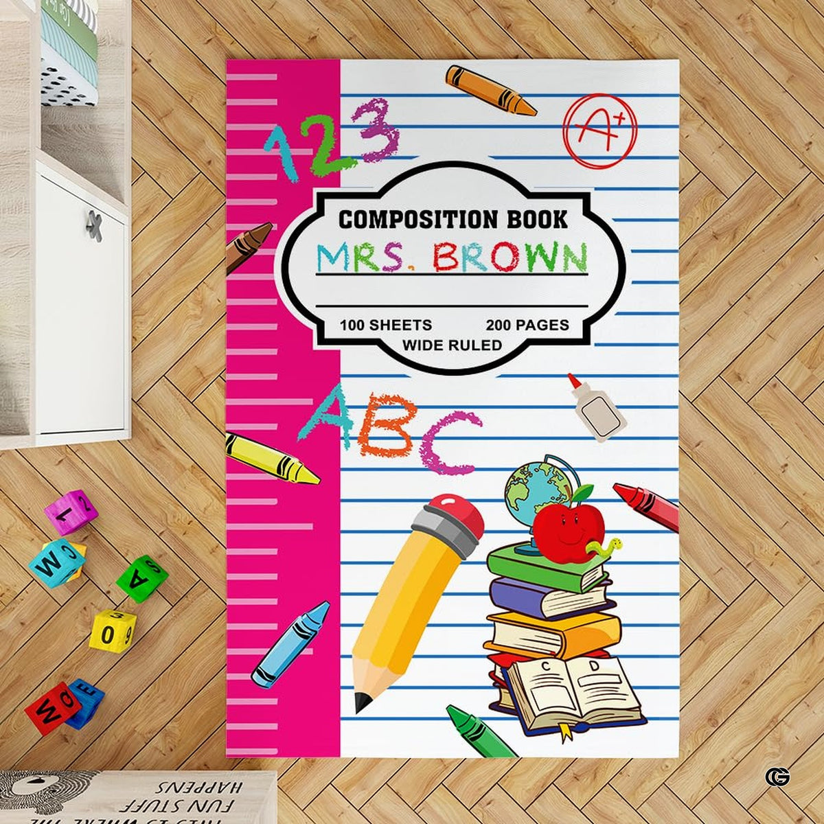 Overhead view of school theme floor rug featuring vibrant stationery artwork. - image 2 of 7