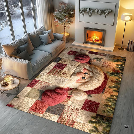 Santa Claus patchwork grid holiday rectangular area rug in top overhead perspective