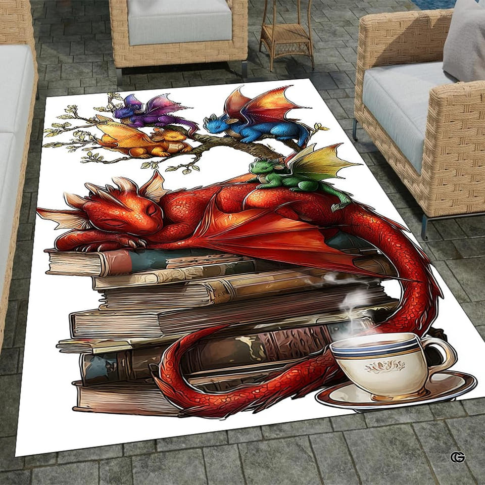 Whimsical book dragons sleeping teacup library area rug on outdoor patio pavers