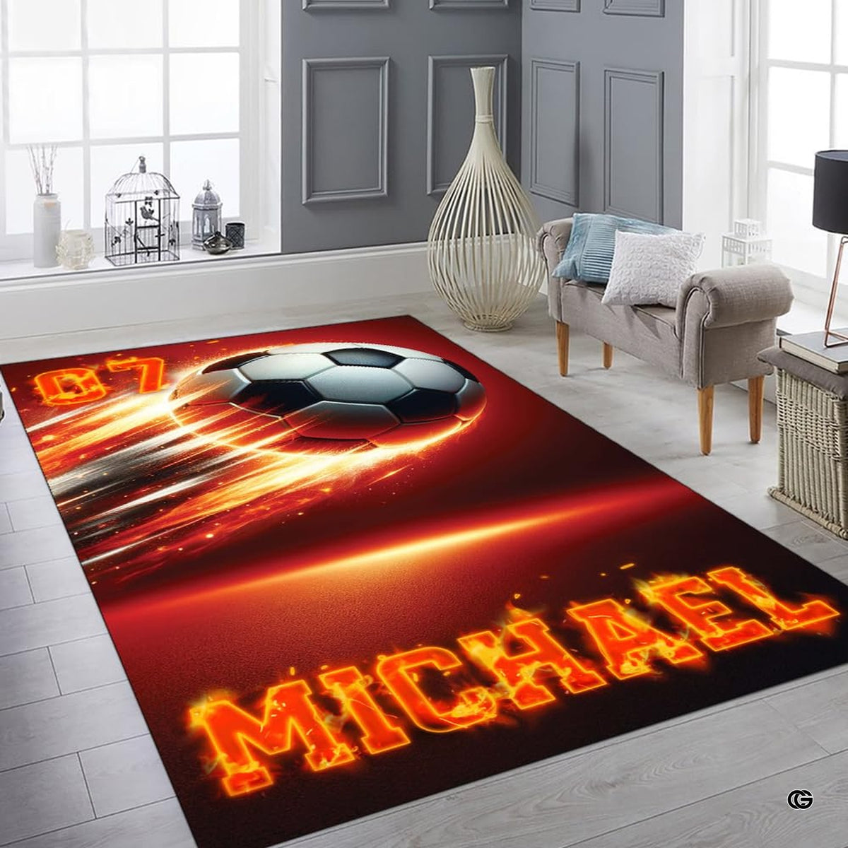 Flaming soccer sports floor carpet displayed in cozy living room interior