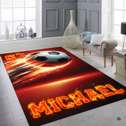 Flaming soccer sports floor carpet displayed in cozy living room interior - thumbnail image 6 of 8