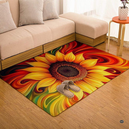 Artistic sunflower motif on a yellow flower area rug accenting a contemporary sunlit room. - thumbnail image 7 of 7