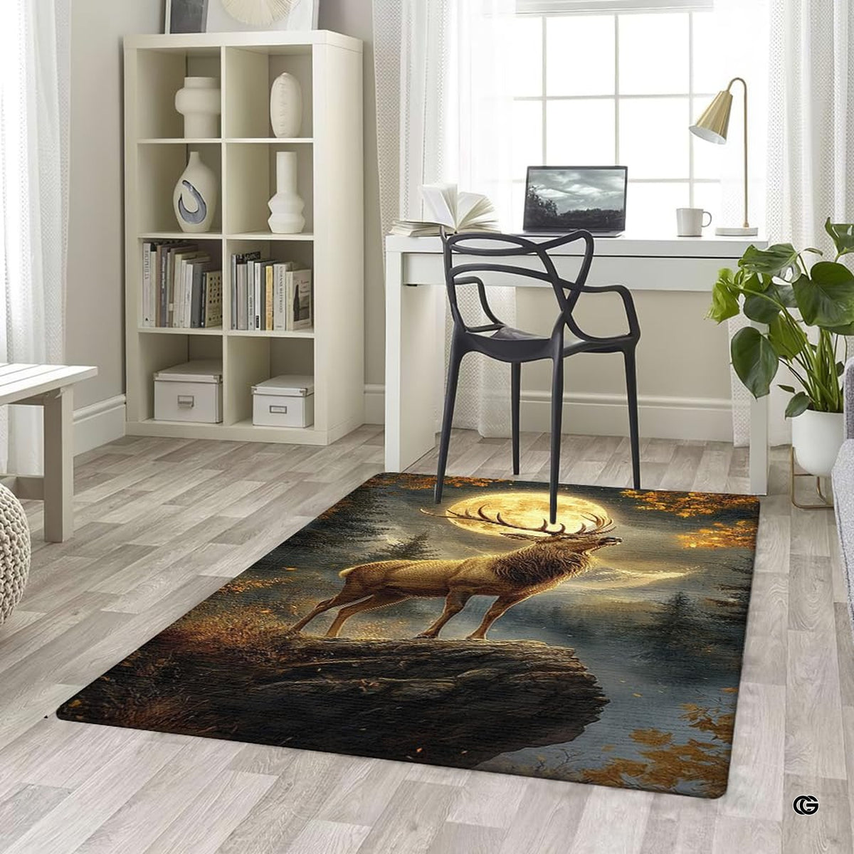 Artistic detail of the horned stag silhouette and glowing celestial moon on the forest floor area rug.