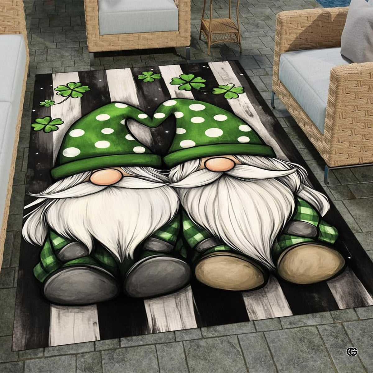 Home lounge setup displaying the festive Irish clover gnomes floor carpet - image 7 of 8