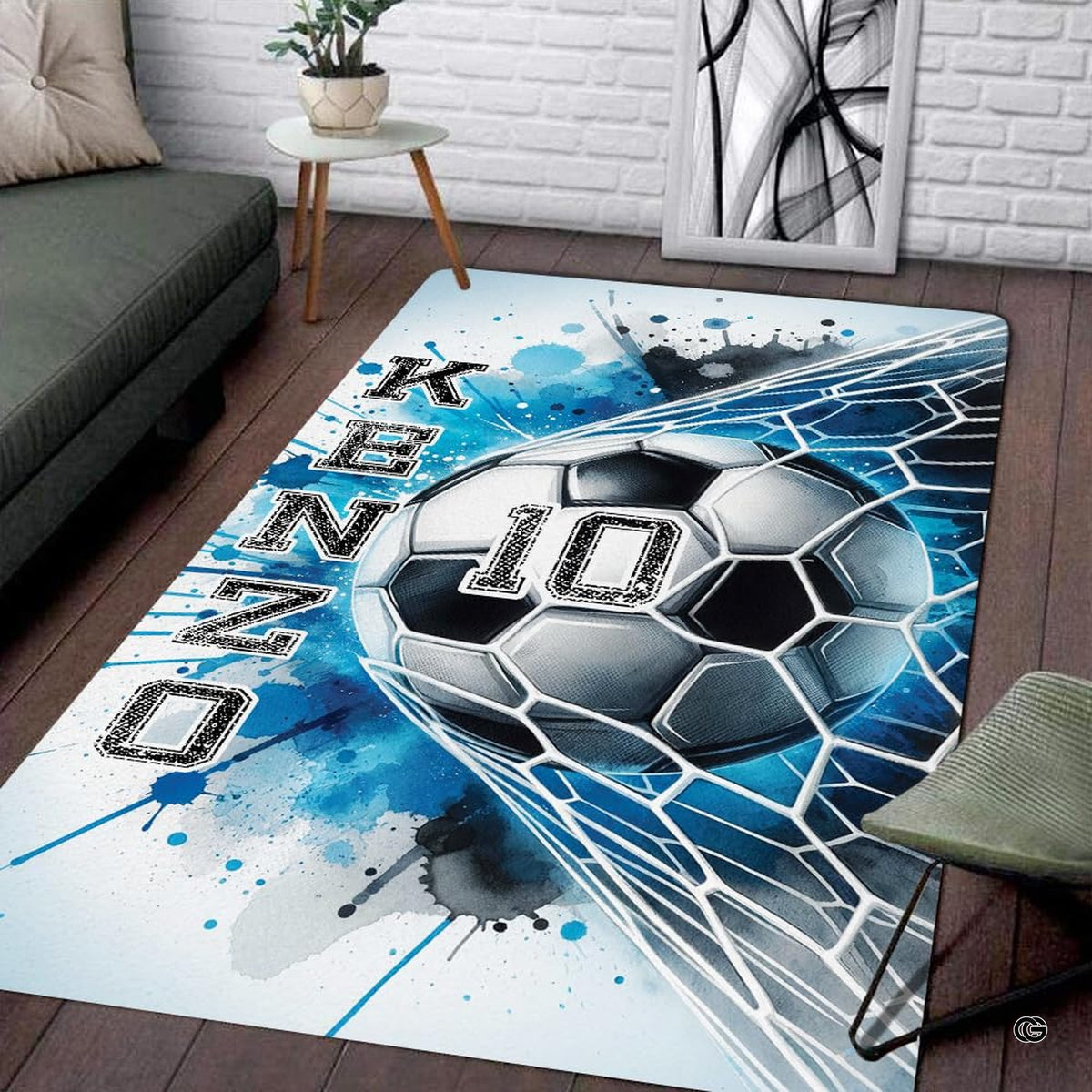 Sports-inspired area rug featuring dynamic net graphics and artistic splashes displayed on a wooden bedroom layout. - image 7 of 8