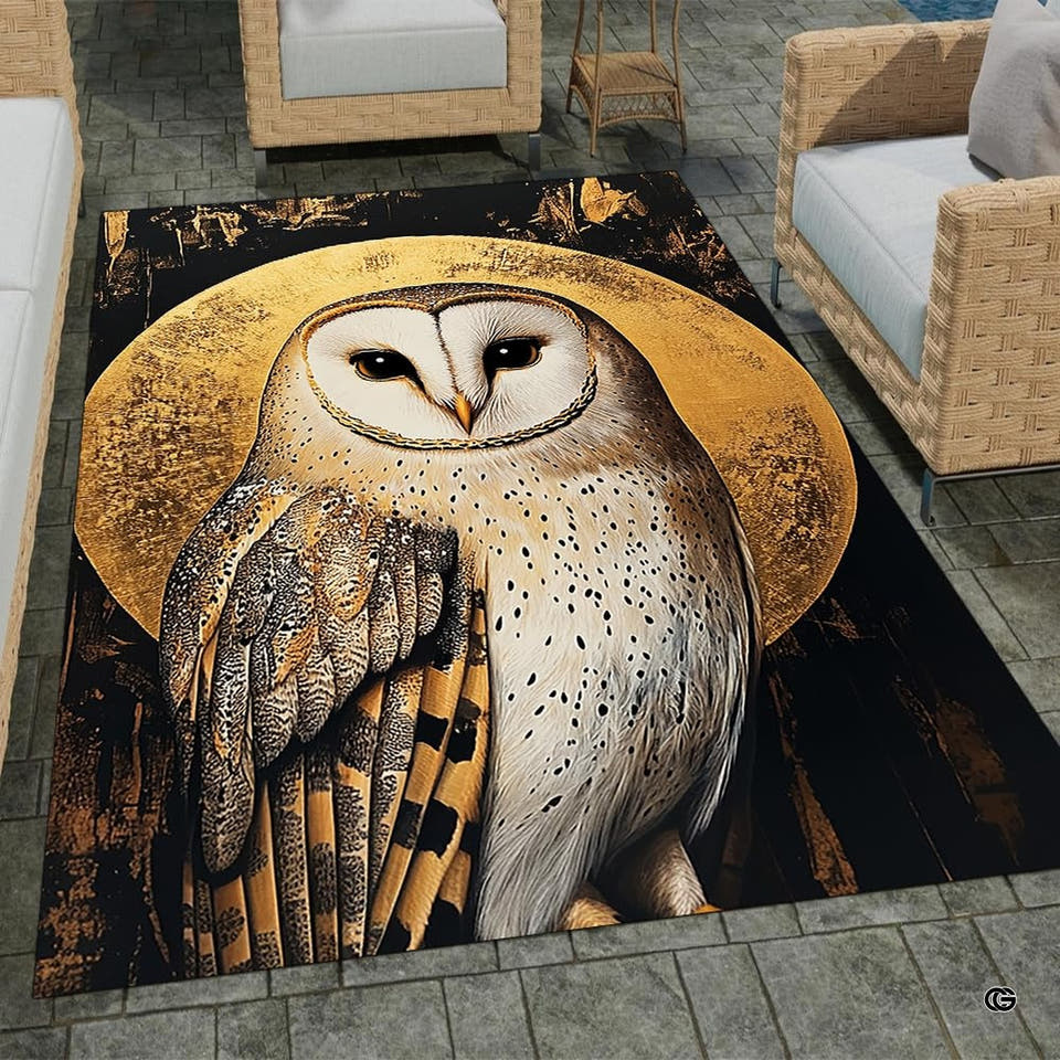 Golden halo barn owl living room area rug with radiant celestial circular motif