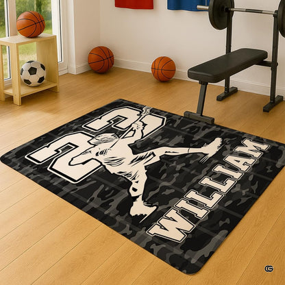 Close-up perspective of lacrosse player graphic art and turf camouflage pattern on black floor rug. - thumbnail image 4 of 9