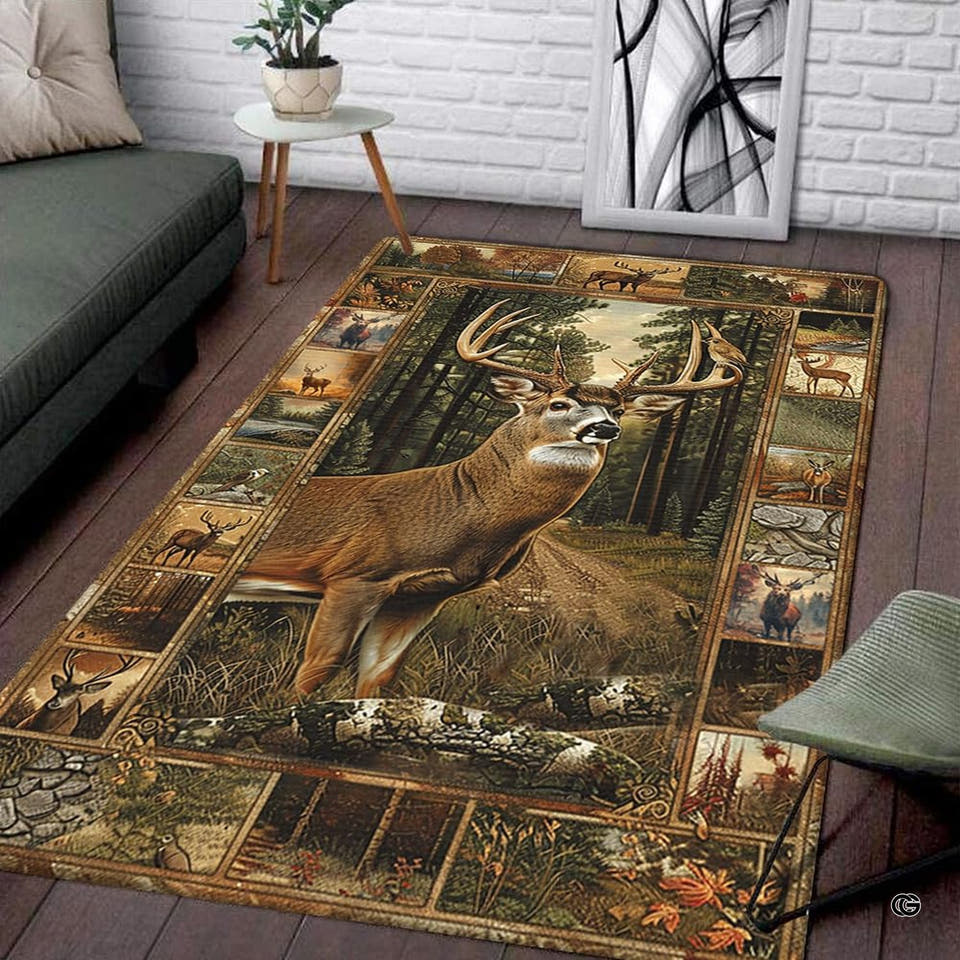 Living room corner with gray sofa and side table displaying the rectangular forest buck deer area rug on wood floors.
