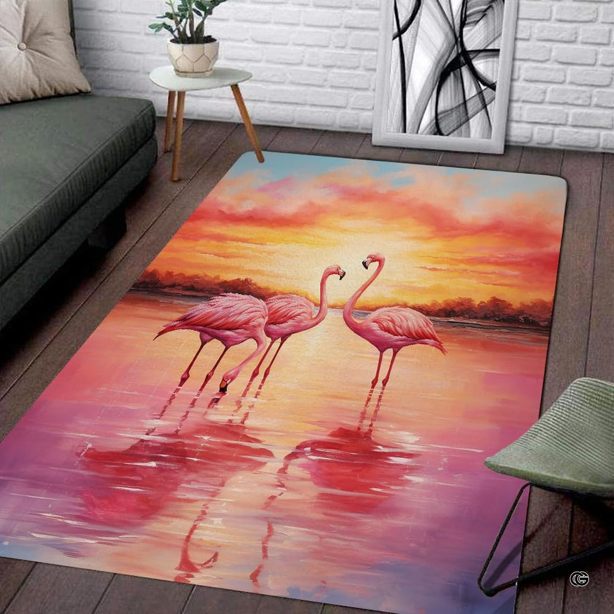 Serene area rug featuring flamingos in reflective waters beneath glowing orange and purple sunset skies. - image 1 of 7