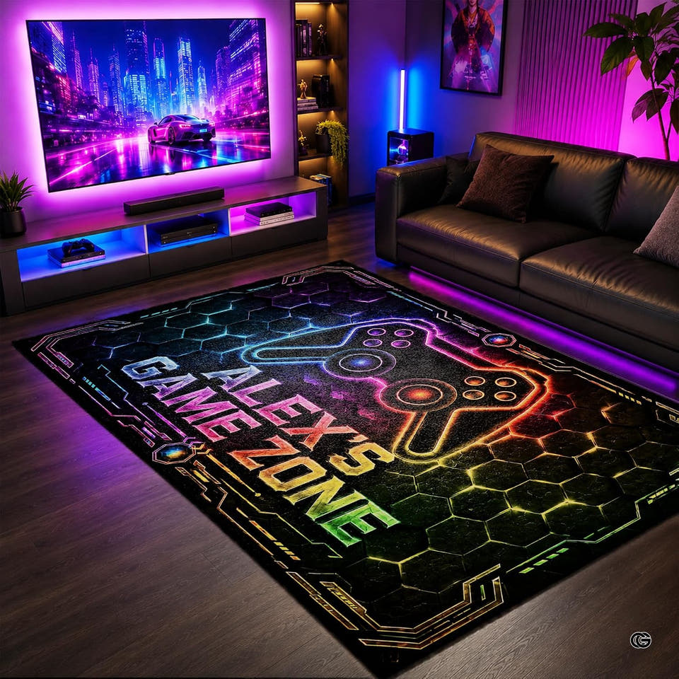 Gamer room area rug with neon gamepad icon and rainbow circuit border