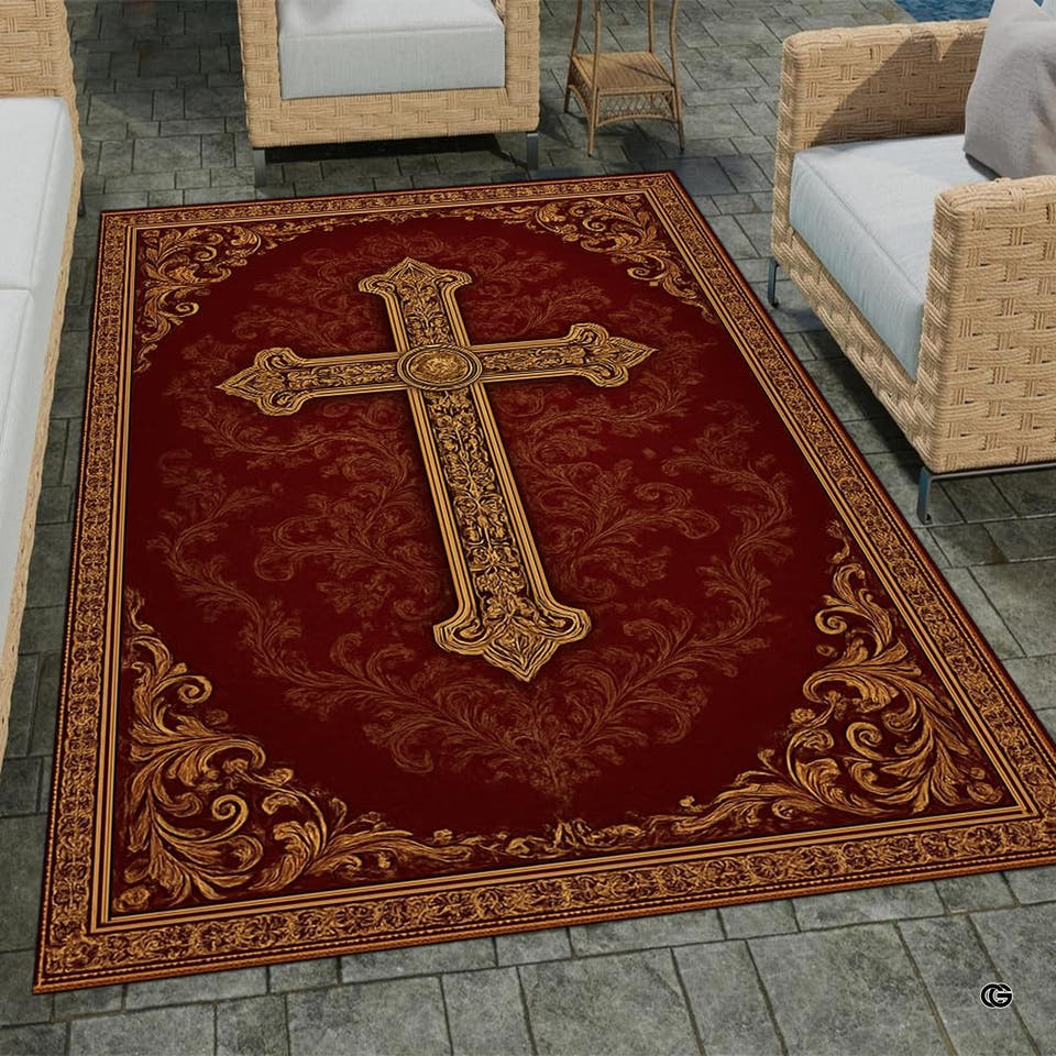 Ornate golden Christian cross area rug with baroque filigree on a deep crimson red background.