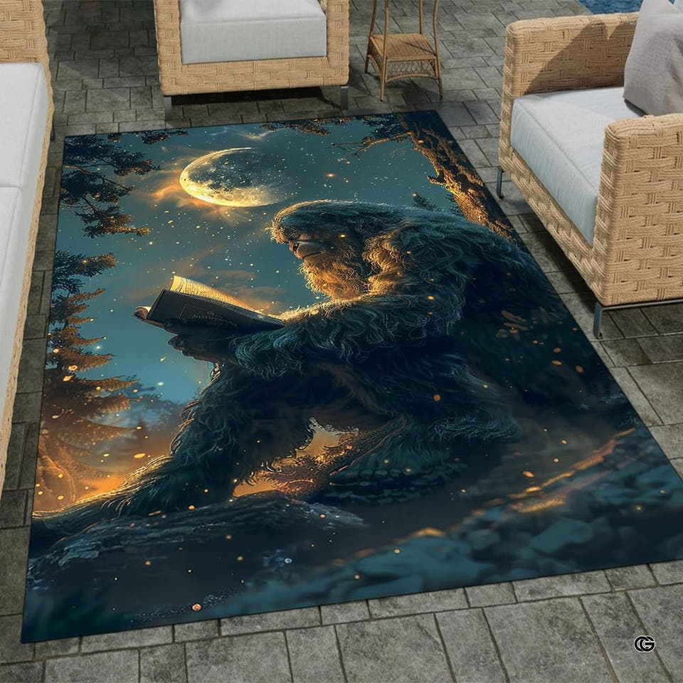 Top-down view of rectangular area rug displaying Bigfoot reading an open book beneath the crescent moon.