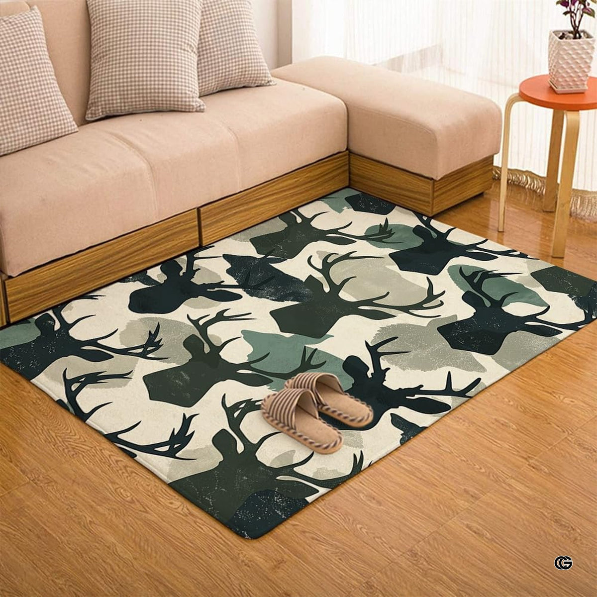 Full room styling showing pattern area rug 8x10 framing a transitional seating area with earthy foliage tones.