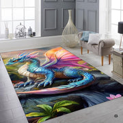 Mythical creature art rug centered on wooden flooring alongside green house plants. - thumbnail image 6 of 7