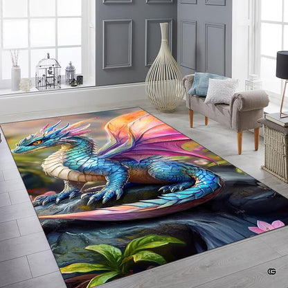 Mythical creature art rug centered on wooden flooring alongside green house plants. - thumbnail image 6 of 7