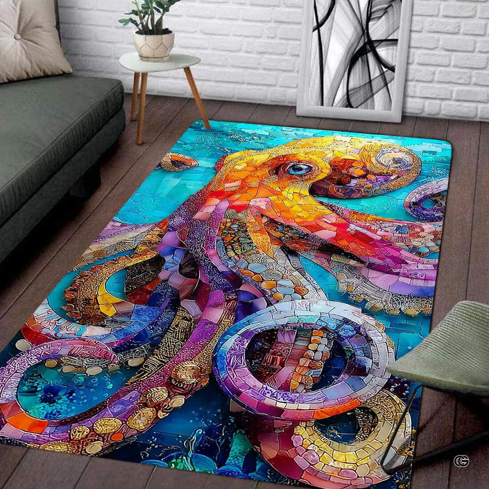 Colorful mosaic rug featuring a vibrant octopus with swirling tentacles over a turquoise and blue tiled background