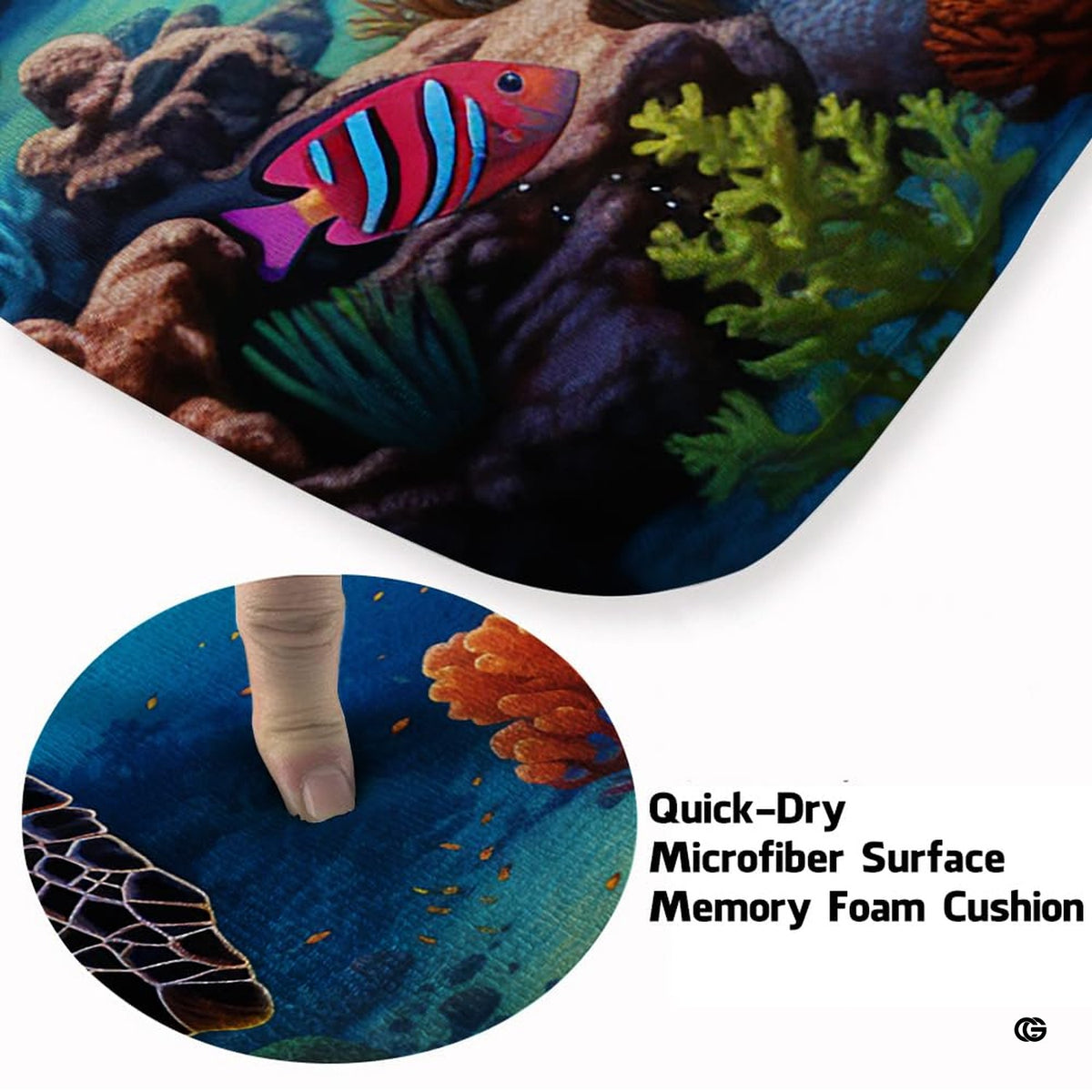 Detailed view of sea turtle swimming above rich coral reef formations in turquoise and navy water.