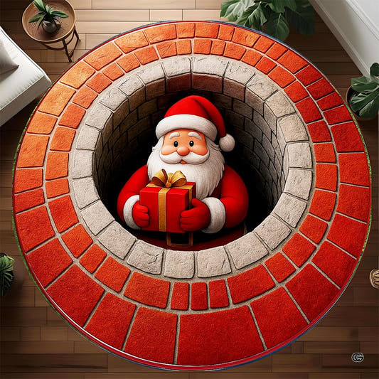 Round Santa chimney rug with a deep brick illusion and Santa holding a red and gold Christmas gift