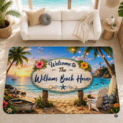 Personalized Tropical Beach Rug, Custom Family Name Tropical Outdoor Rug, Flamingo Surfboard Ocean Area Rug for Living Room, Patio, Beach House Decor, Design 06