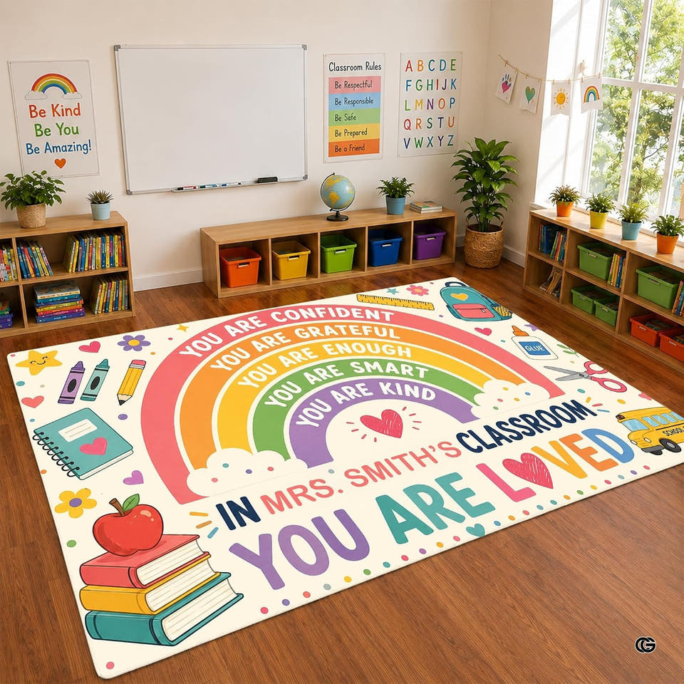 Classroom Area Rug displaying cheerful educational doodles, colorful books, and star accents on a neutral backdrop.