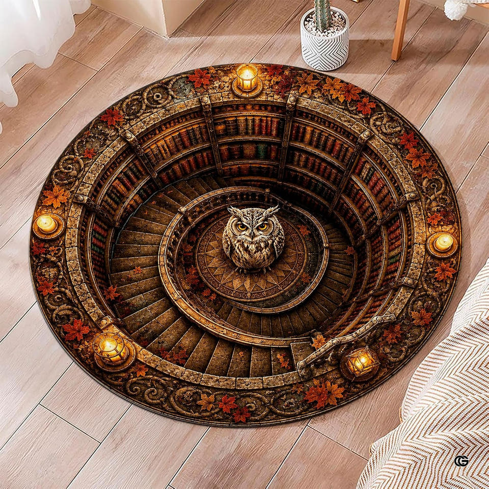 Round library rug showing trompe l'oeil spiraling staircase with horned owl centerpiece.