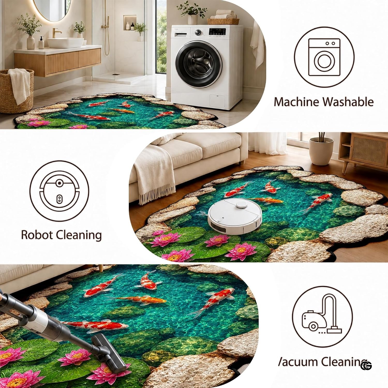 Custom Japanese Koi Fish Shaped Area Rug, Personalized 3D Optical Illusion Koi Pond Lotus Non Slip Washable Shaped Floor Mat, Fish Pond Rugs for Bedroom Living Room Decor (1, D3)