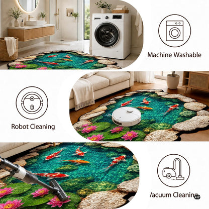 Custom Japanese Koi Fish Shaped Area Rug, Personalized 3D Optical Illusion Koi Pond Lotus Non Slip Washable Shaped Floor Mat, Fish Pond Rugs for Bedroom Living Room Decor (1, D3)