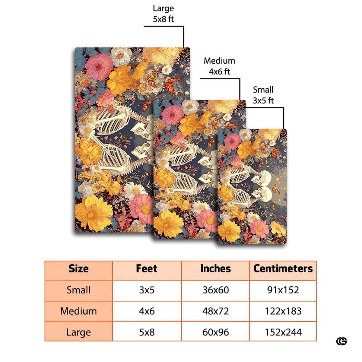 Visual dimension comparison showing small 3x5, medium 4x6, and large 5x8 area rug sizes - image 3 of 8