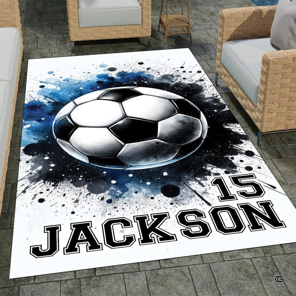 Soccer ball watercolor splatter living room area rug with navy ink splash art