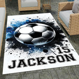 Soccer ball watercolor splatter living room area rug with navy ink splash art