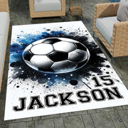 Soccer ball watercolor splatter living room area rug with navy ink splash art - thumbnail image 1 of 8