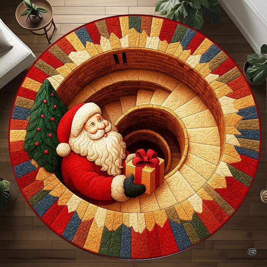 Circular Santa rug with tree, gift, spiral brick stairs, and multicolor border