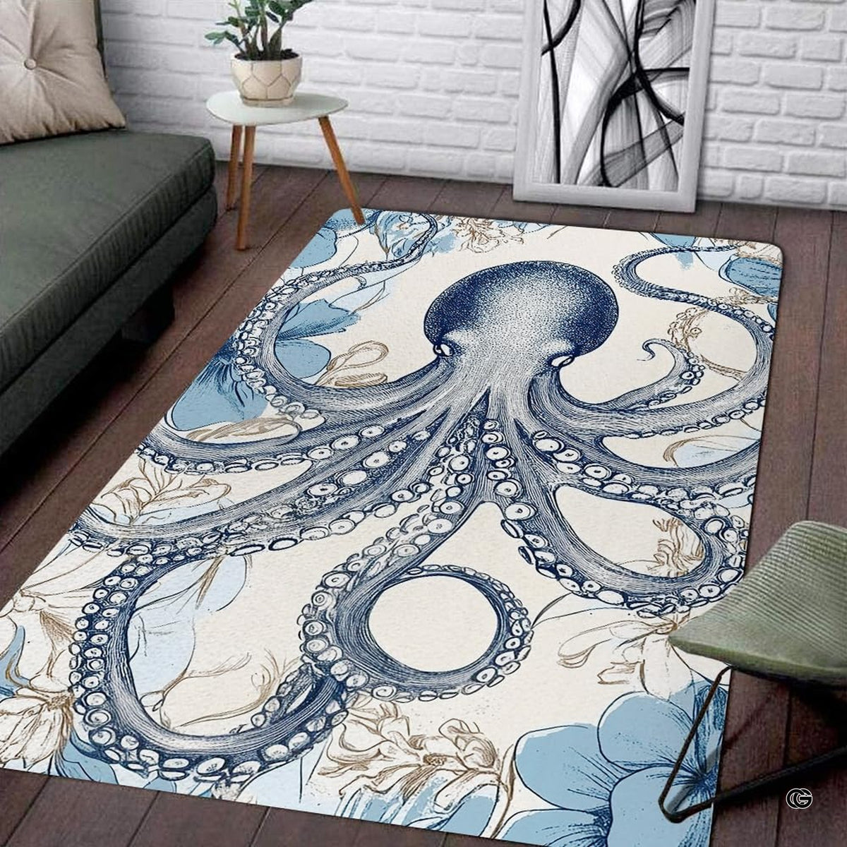 Vintage steel blue octopus floral illustration rectangular area rug.