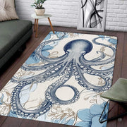 Vintage steel blue octopus floral illustration rectangular area rug. - thumbnail image 1 of 7