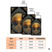 Modern living room setting displaying the golden Viking rune tree rug - thumbnail image 2 of 8