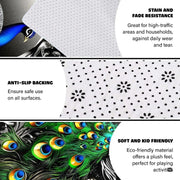 Baroque silver mirror border surrounding emerald green peacock wallpaper artwork on decorative area rug. - thumbnail image 4 of 8