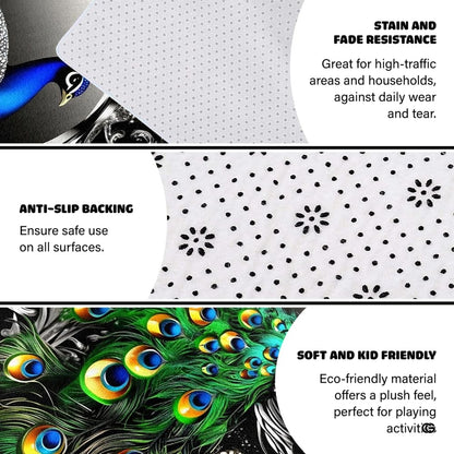 Baroque silver mirror border surrounding emerald green peacock wallpaper artwork on decorative area rug. - thumbnail image 4 of 8